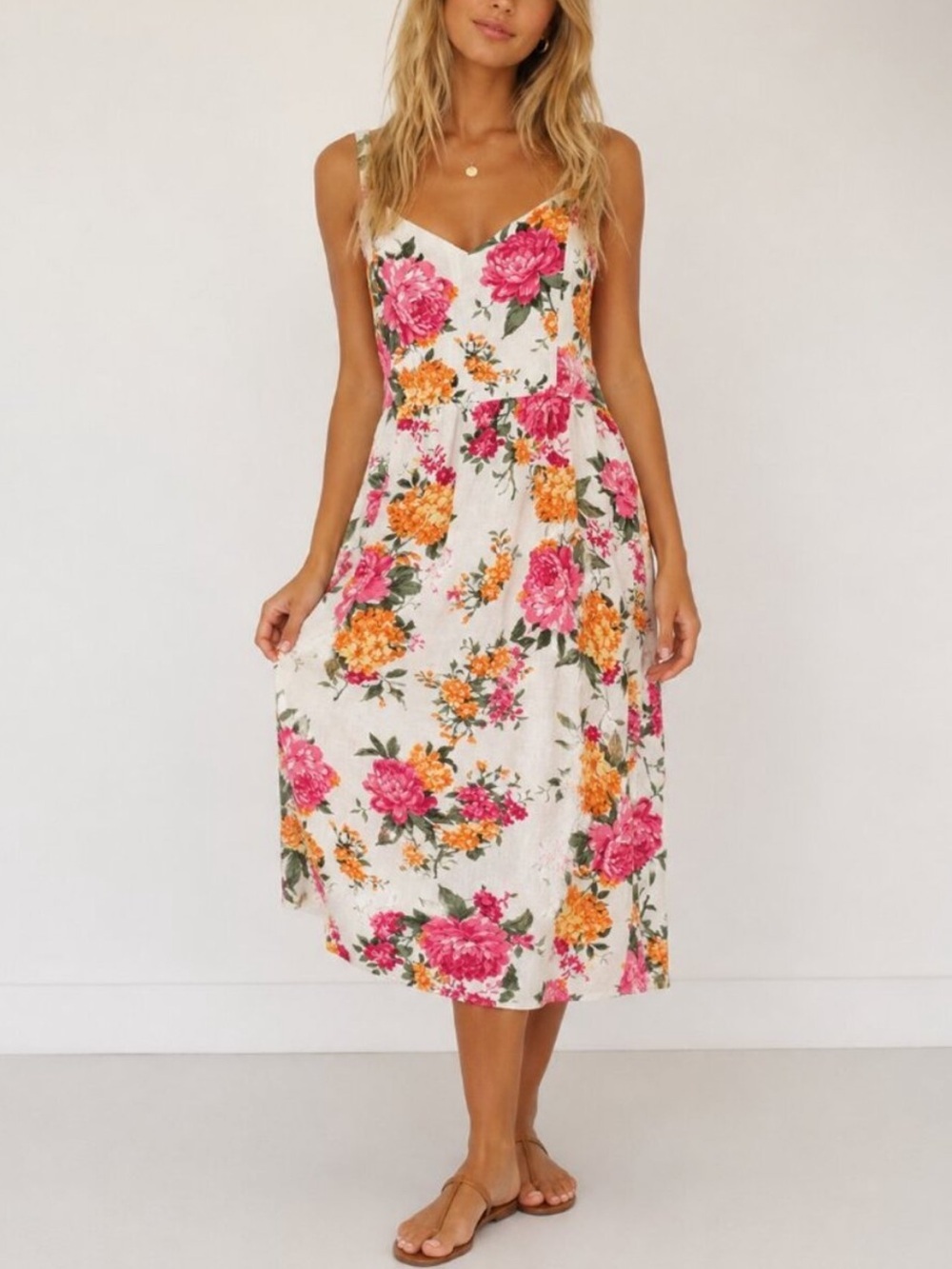 Cynthia Rowley Linen Cream Multi Floral Women's Midi Sundress Sz 6 54837